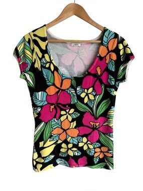 Cache Y2K Tropical Floral Top Medium Bright Stretch Knit Tee Beaded Summer Cute!